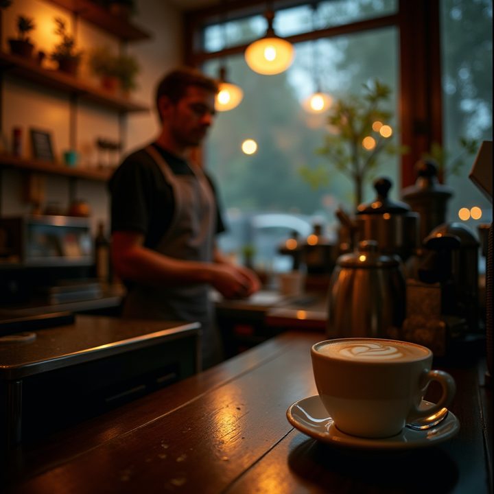 FLUX.1 [dev] sample image: a cozy coffee shop on a rainy evening, warm light through the window, a barista pouring latte art, film photo, shallow depth of field