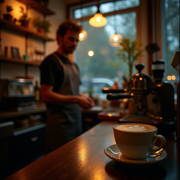 FLUX.1 [dev] sample image: a cozy coffee shop on a rainy evening, warm light through the window, a barista pouring latte art, film photo, shallow depth of field