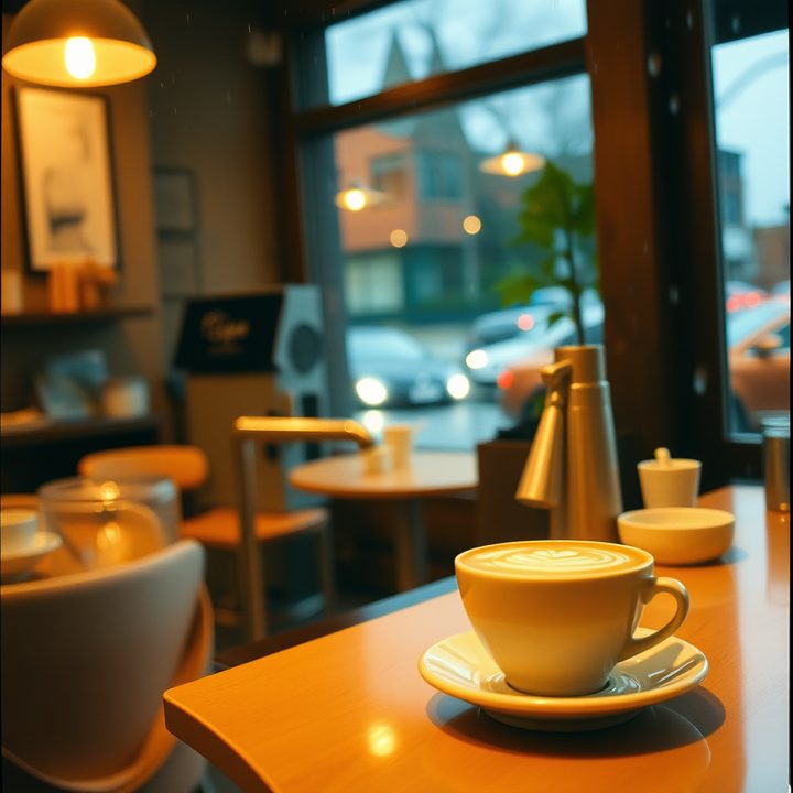 FLUX.1 [schnell] sample image: a cozy coffee shop on a rainy evening, warm light through the window, a barista pouring latte art, film photo, shallow depth of field