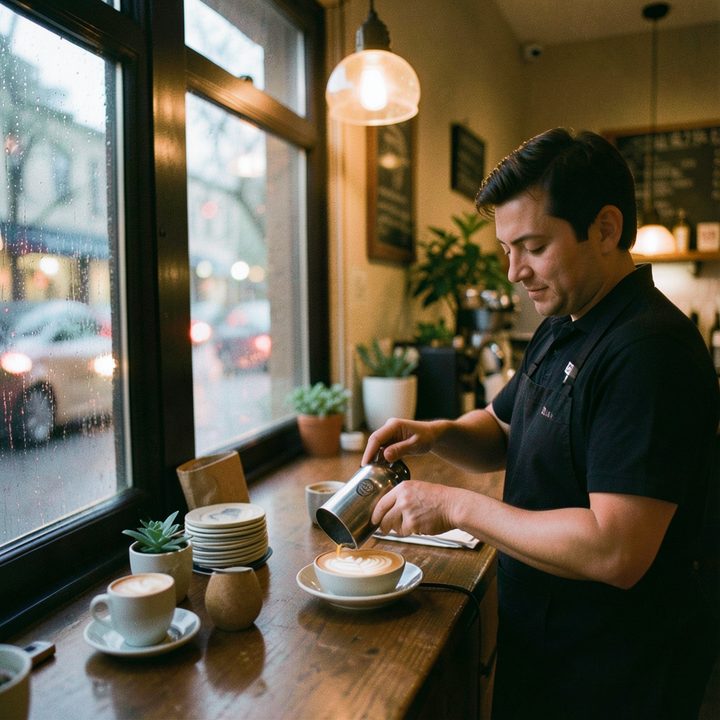 FLUX.2 klein 4B sample image: a cozy coffee shop on a rainy evening, warm light through the window, a barista pouring latte art, film photo, shallow depth of field