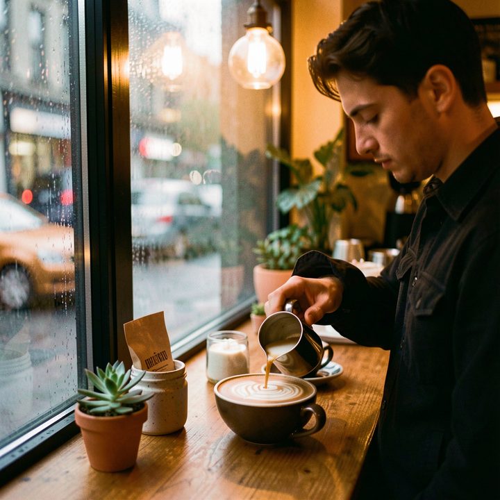 FLUX.2 klein 9B sample image: a cozy coffee shop on a rainy evening, warm light through the window, a barista pouring latte art, film photo, shallow depth of field
