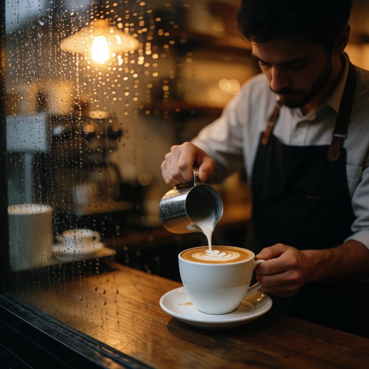 Krea 2 Turbo sample image: a cozy coffee shop on a rainy evening, warm light through the window, a barista pouring latte art, film photo, shallow depth of field