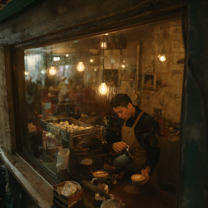 Qwen-Image 2.1 sample image: a cozy coffee shop on a rainy evening, warm light through the window, a barista pouring latte art, film photo, shallow depth of field