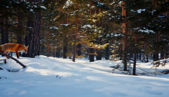 Wan 2.2 T2V 14B video frame: a red fox walking through fresh snow in a pine forest, slow camera pan, soft morning light, cinematic