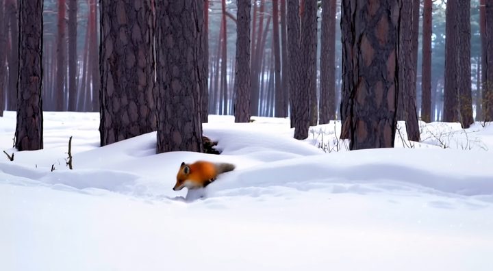Wan 2.2 TI2V 5B video frame: a red fox walking through fresh snow in a pine forest, slow camera pan, soft morning light, cinematic