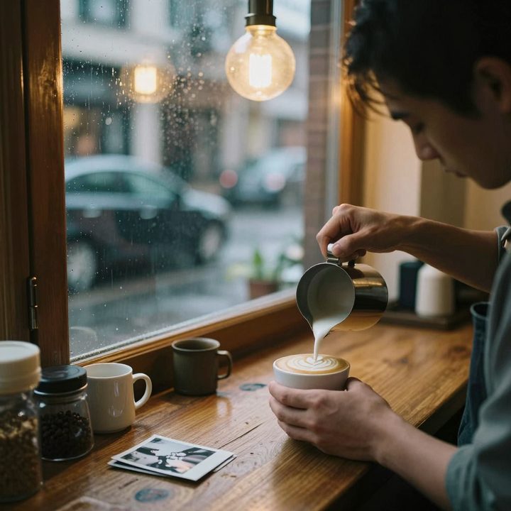 Z-Image Turbo sample image: a cozy coffee shop on a rainy evening, warm light through the window, a barista pouring latte art, film photo, shallow depth of field